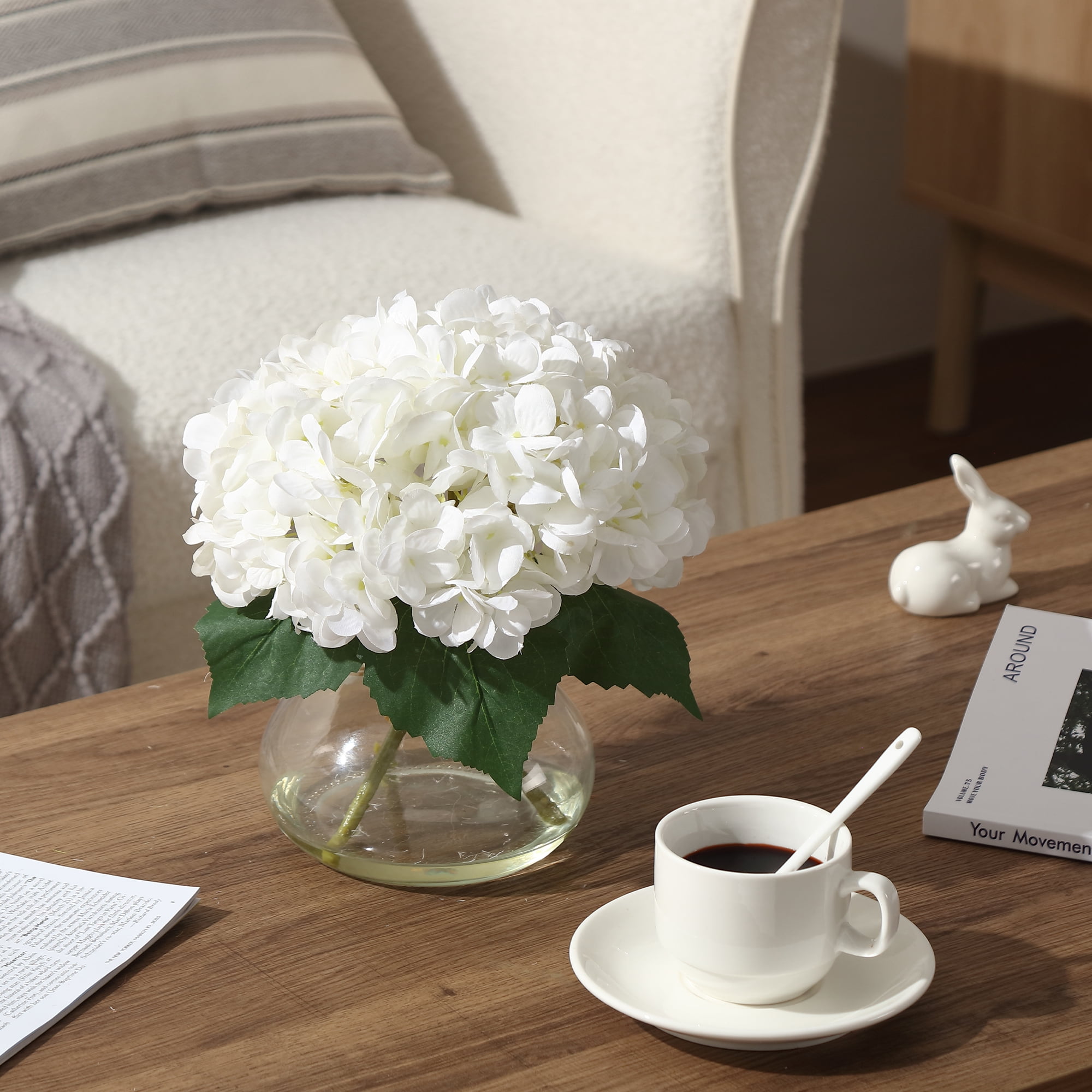Artificial Flowers Silk Hydrangeas in Vase - Fake Flower Arrangement with Faux Water for Home Wedding