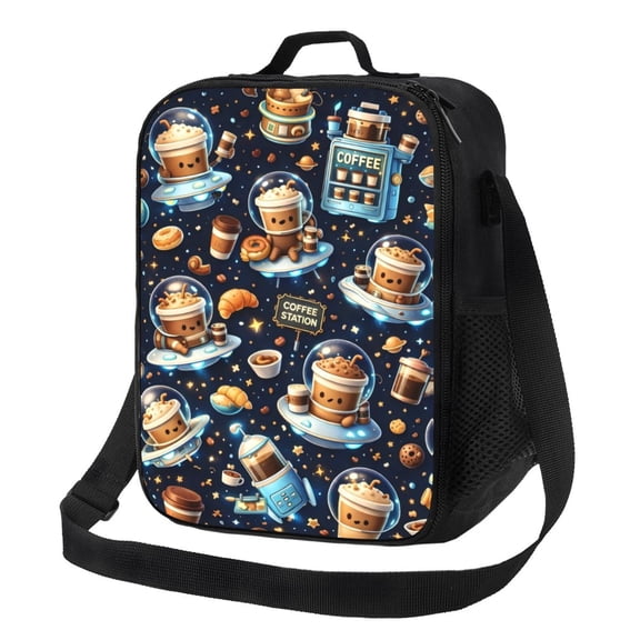 Cute Cartoon Coffee Space Lunch Bag Insulated Thermal Lunch Box with Shoulder Strap & Handle for Women and Men
