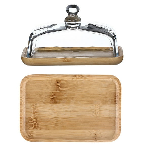 GAXIRE Bamboo Cake Stand With Lid Cake Dish Glass Food Display Bakers Buffet 1 Set