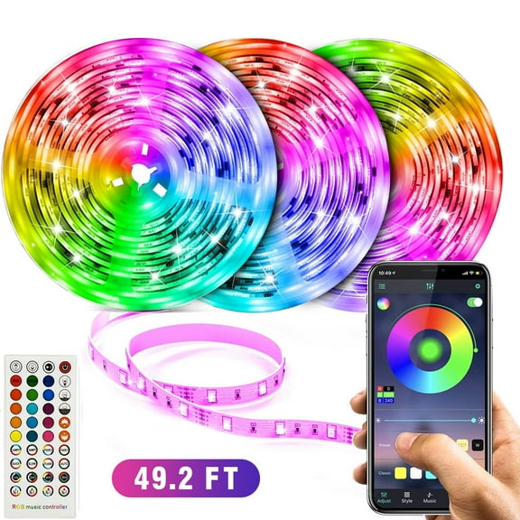 50FT LED Strip Lights,Smart Music sync LED Strip Lights,Bluetooth led Strip Lights,5050 SMD LED Color Changing Lights， RGB LED Strip Light for Bedroom，Kitchen，Party，Home Decoration