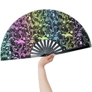 Kyoffiie Hand Fan Reflective Festival Hand Fan Foldable Glow Rave Fan Large Clack Hand Fan Portable Bamboo Hand Rave Fan Glitter Handheld Fan Rave Fan for Music Festival Club Party Dance 27in
