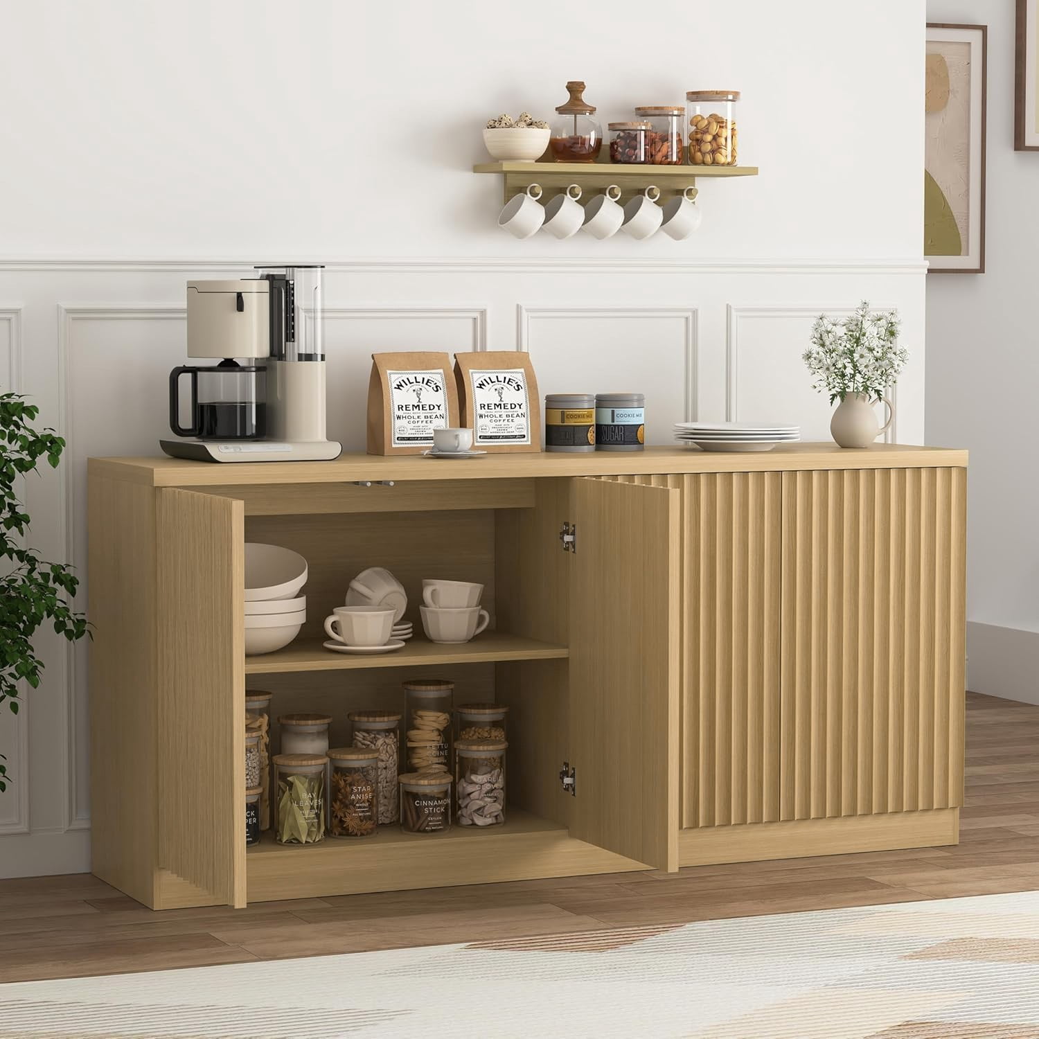 62.6" Buffet Cabinet with Storage, 4 Door Sideboard Cabinet with Shelves, Wooden Coffee Bar Cabinet Credenza Console Table for Kitchen Dining Room Living Room, Natural