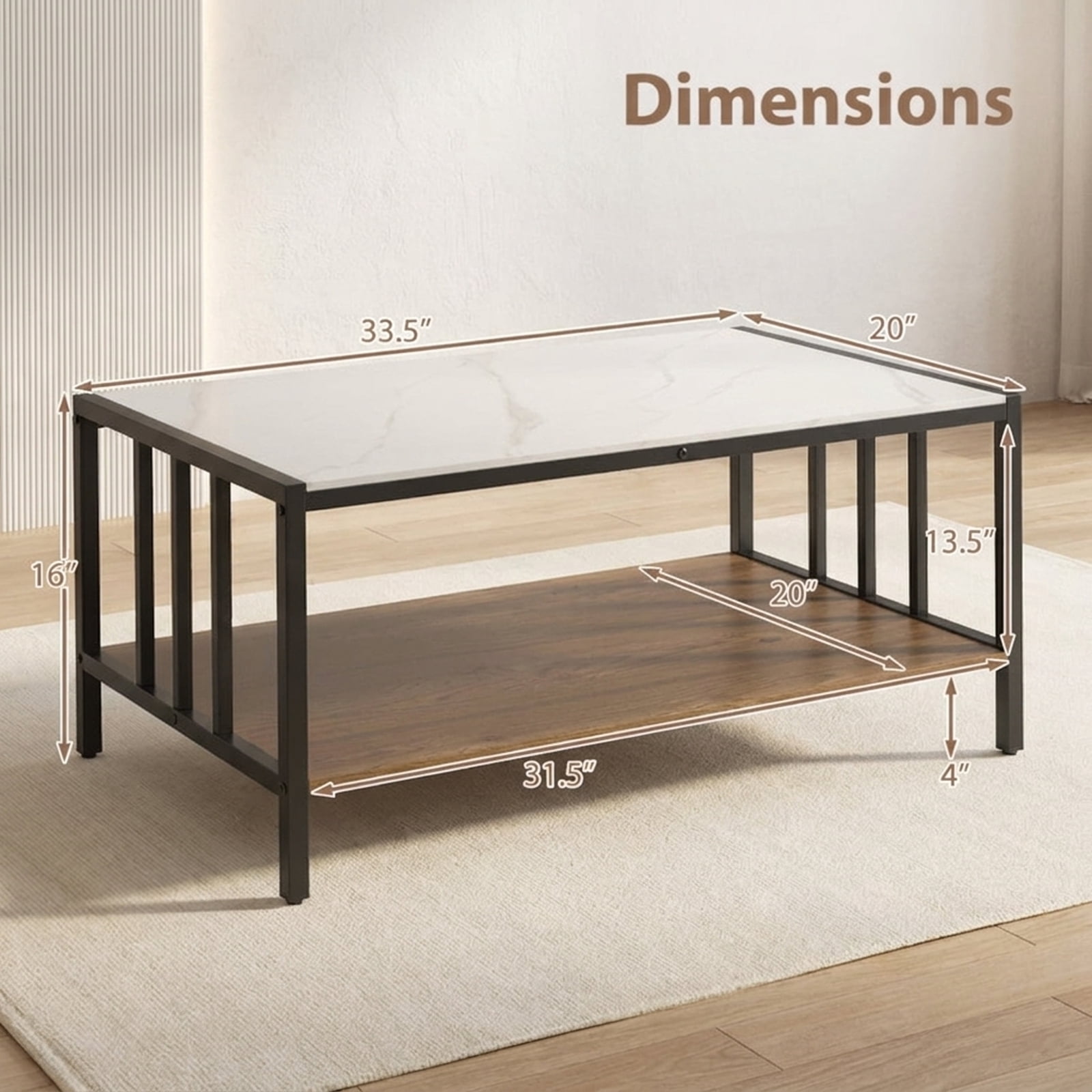 Furnibear 2 Tier Coffee Table with Sintered Stone Tabletop - White - Living Room Cocktail Center Table