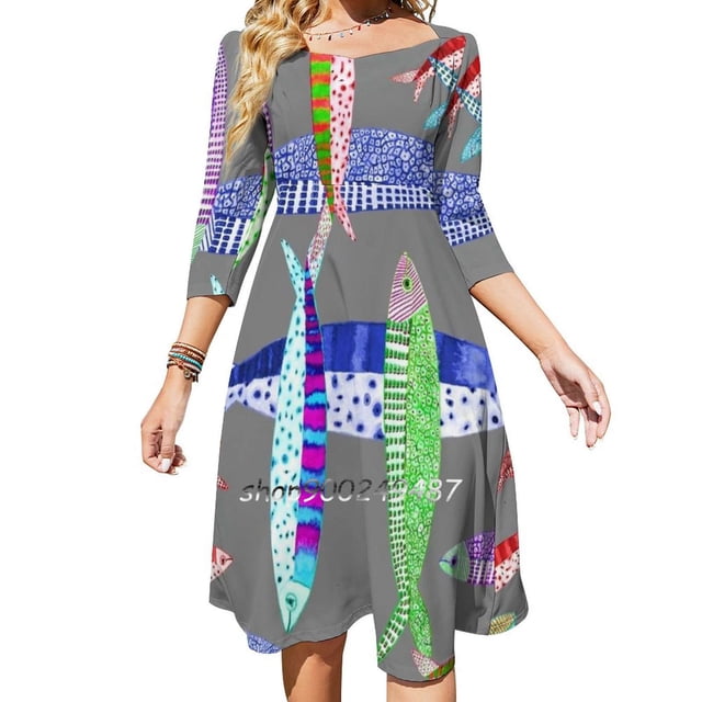 Sardines Robe Évasée Col Carré Robe Élégante Mode Féminine Imprimée Motif Pêche Poisson Portugais