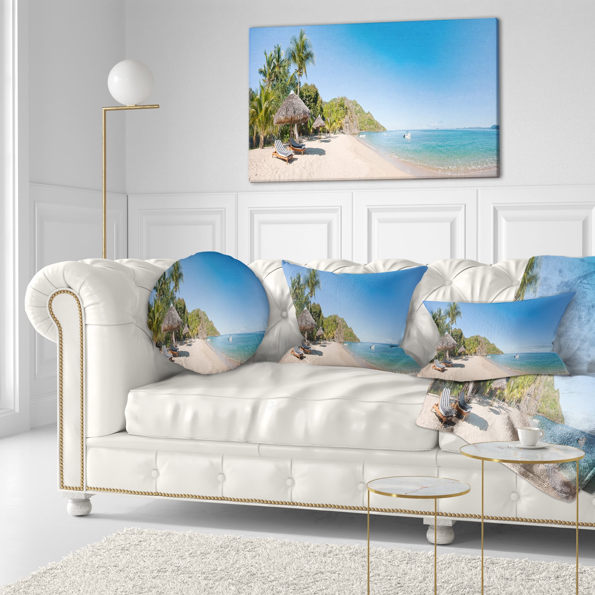 Designart Beach with Chairs and Umbrellas - Seashore Photo Throw Pillow - 12x20