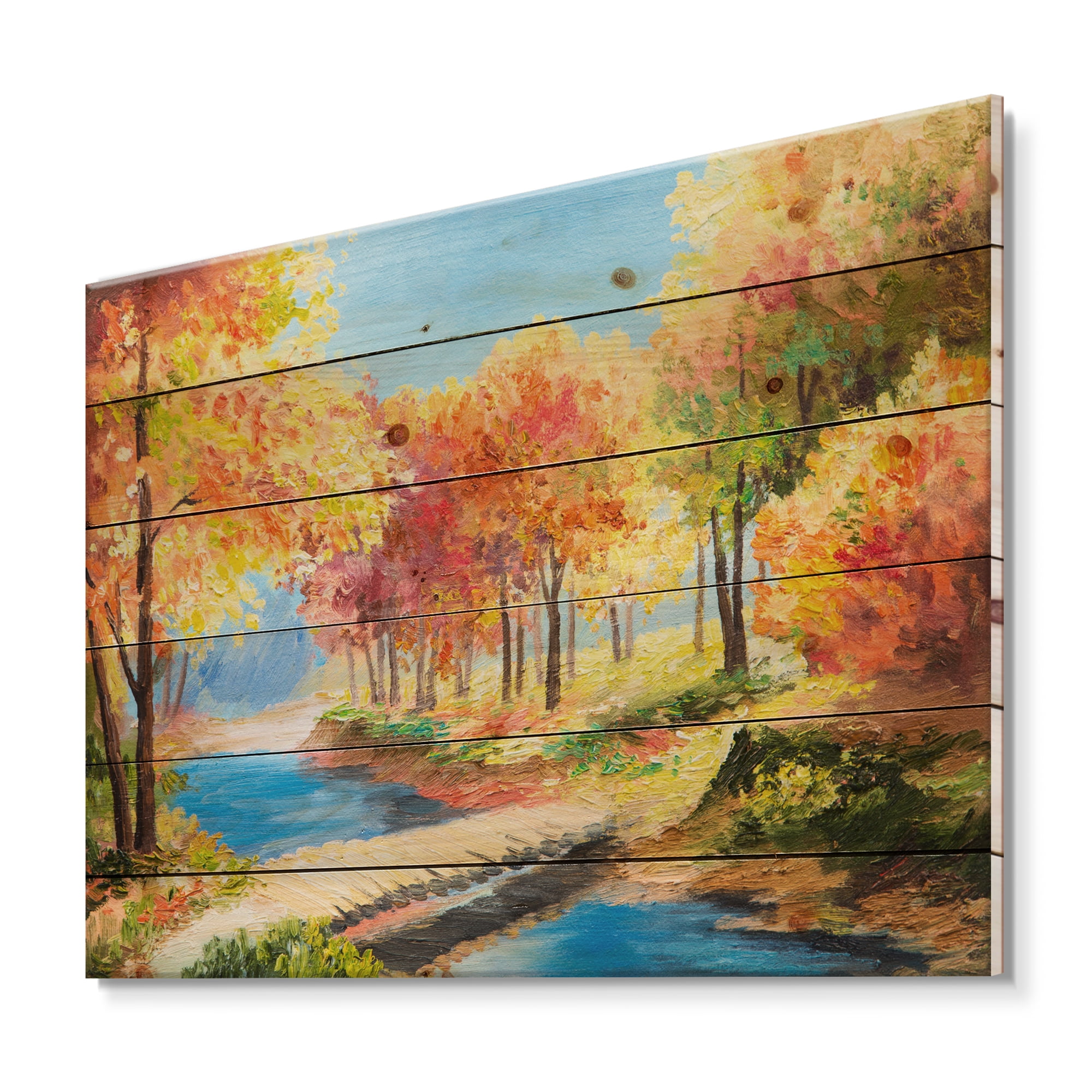 Designart 'Orange and Yellow Trees By The Riverside' Lake House Print on Natural Pine Wood