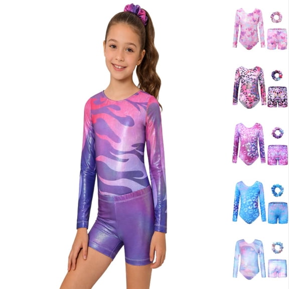 Krdevn Gymnastics Leotards with Hair Scrunchie for Girls, Long Sleeve Sparkly Dance Biketards with Shorts Ballet Outfit,Dark Purple
