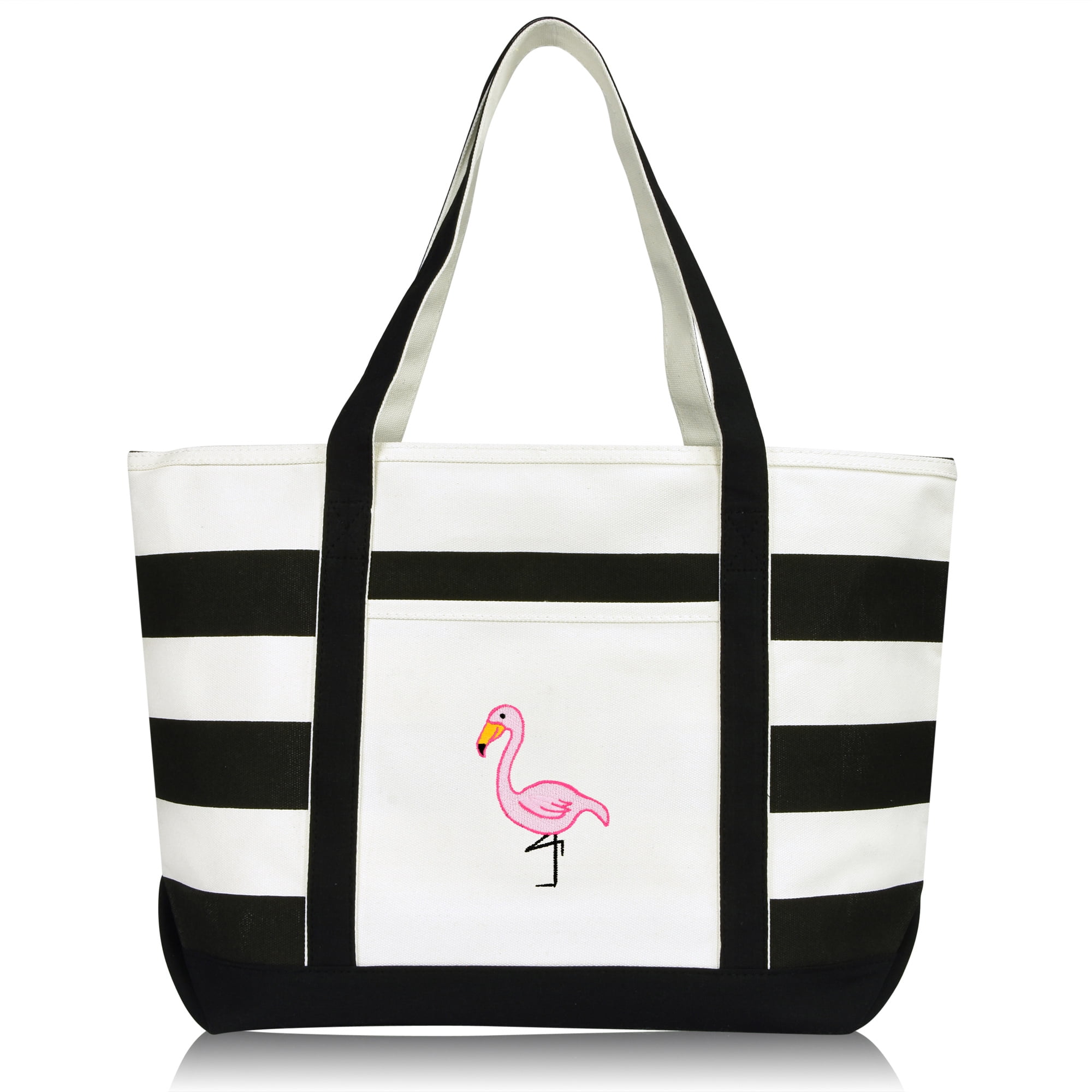 DALIX Flamingo Striped Canvas Tote Bag Premium Cotton in Black