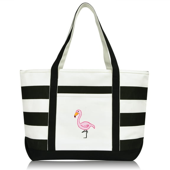 DALIX Flamingo Striped Canvas Women's Tote Bag Premium Cotton in Black