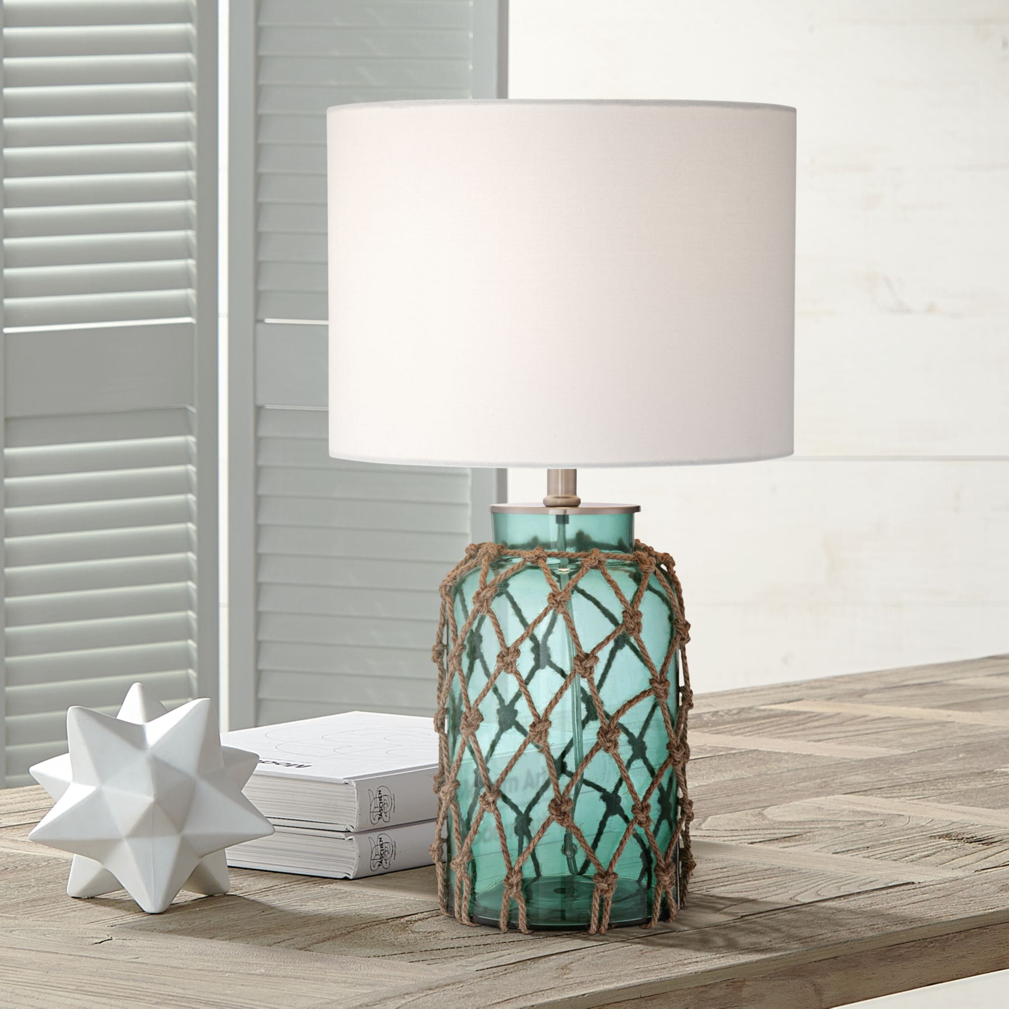 360 Lighting Nautical Accent Table Lamp Coastal Blue Green Glass Rope Net Off White Drum Shade For Living Room Family Bedroom