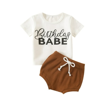 

CenturyX Toddler Baby Girls Summer Clothes Suit Letter Print Short Sleeve T-shirt Solid Color Knit Shorts White Brown 2-3 Years