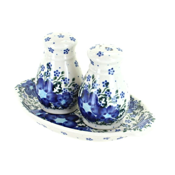 Blue Rose Polish Pottery Melanie Salt & Pepper Shakers with Tray