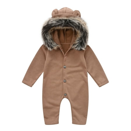 

Bomotoo Infant Casual Playsuit Faux Fur Hood Loose Romper Party Bear Ear Shaped Buttons Bodysuit 3159-5 brown 80cm