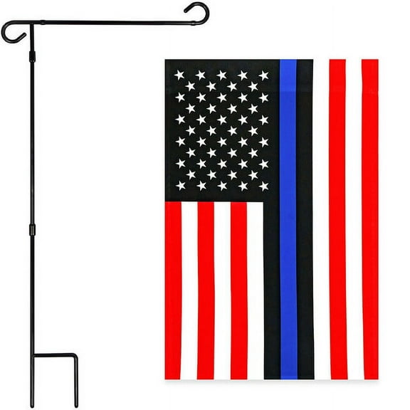 G128 Combo Pack: Garden Flag Stand Black 36x16IN & Garden Flag Blue Lives Matter 12x18IN