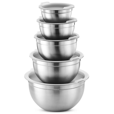 Serving Bowl Sets With Lids Premium Various Sizes Stainless Steel Mixing Bowl (Set of 5) With Airtight Lids, Flat Base For Stability & Easy Grip Whisking, Mixing, Beating Bowls Nesting & Stackable for Convenient Storage ()