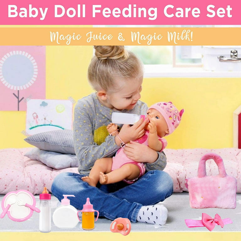 14 Pack Baby Doll Accessories, Baby Doll Feeding and Caring Set Includes  Diaper Bag, Doll Diapers, Magic Bottle, Changing Mat for Girl Toddler Kid