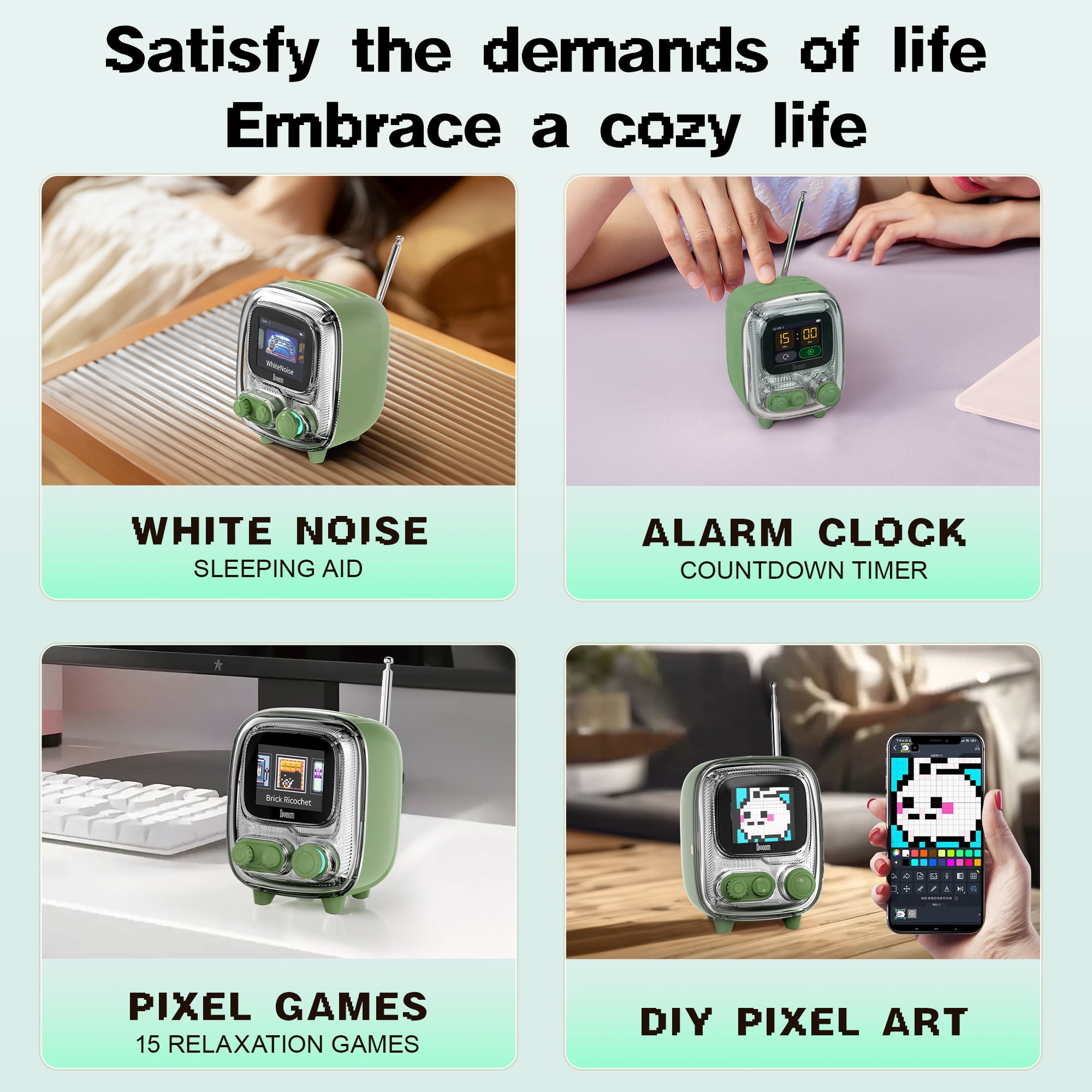 Divoom Tivoo-2 Portable Bluetooth Speaker with FM Radio, Pixelart Retro Mini Wireless Speaker, Vintage Green