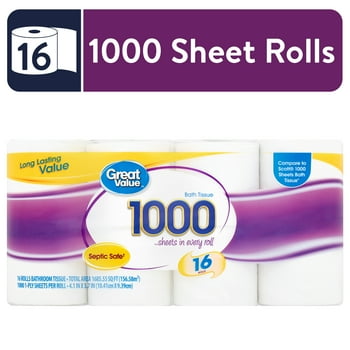 Great Value 1000 Sheets per Roll Toilet Paper, 16 Rolls