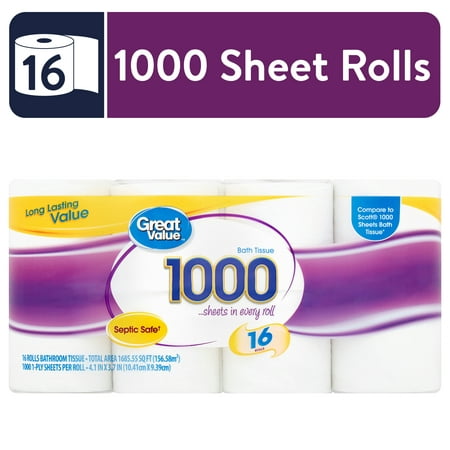 Great Value 1,000 Sheets per Roll Toilet Paper, 16 Rolls