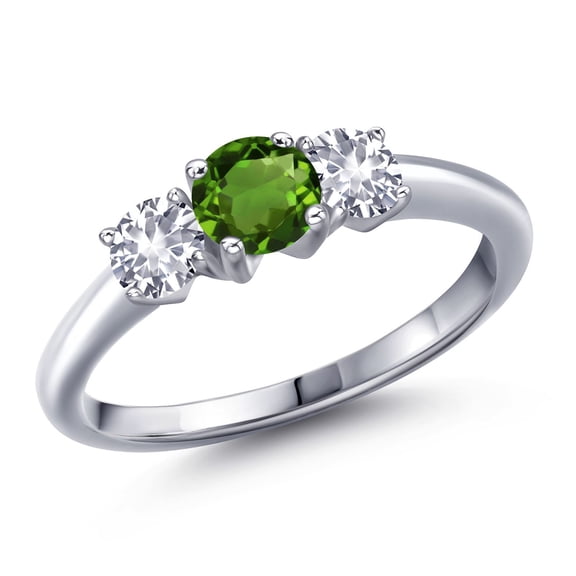 Gem Stone King 925 Sterling Silver Green Chrome Diopside and White Created Sapphire Engagement Ring for Women | 1.00 Cttw | Round 5MM | Gemstone Birthstone | Size 5