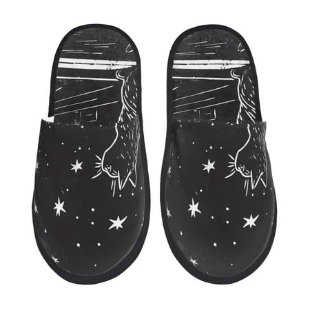 Balery Star Gazing Cat Illustration Slient Indoor Furry Fleece Comfort House Shoes Soft Non-Slip Home Shoes Cotton slippers House Slippers-- Large