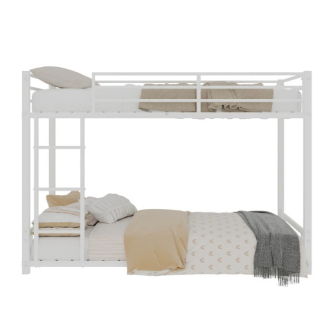 Twin Over Twin Metal Bunk Bed, Heavy-Duty Frame with 13" Guardrails, 3-Step Ladder, Noise-Reduced Slats, No Box Spring, White