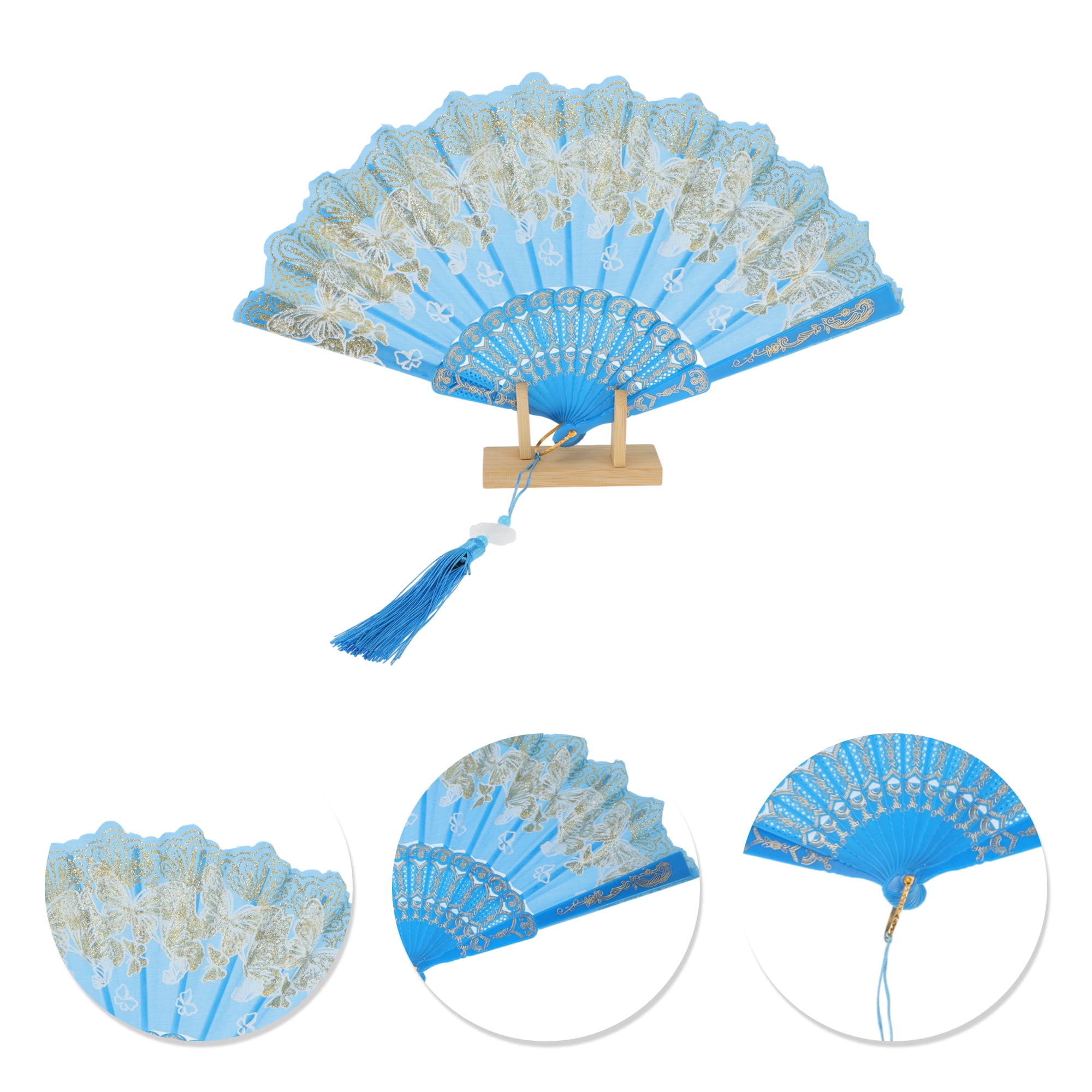 Unique Bargains Elegant Butterfly With Tassel Folding Fan 1PC Sky Blue