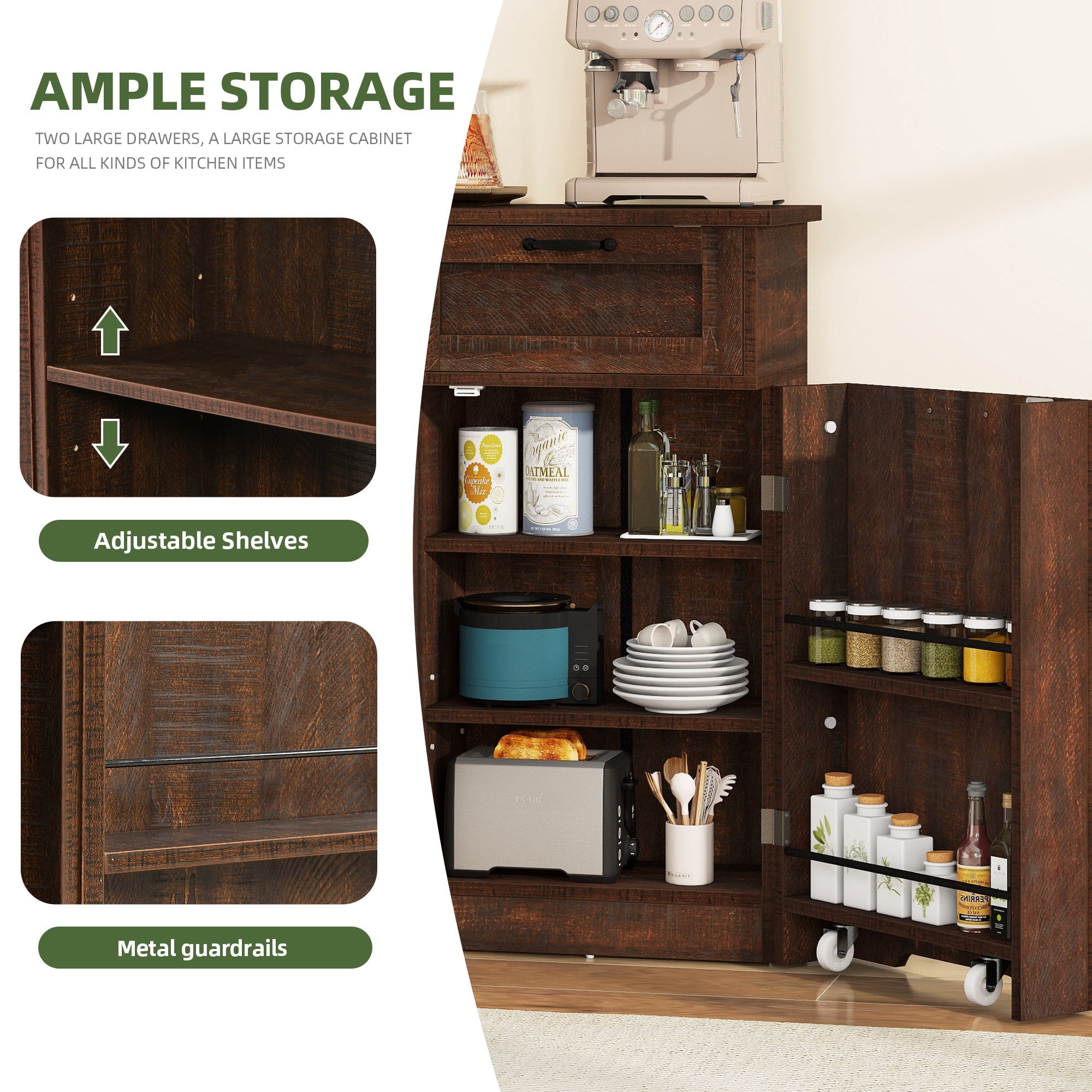 Uforic Kitchen Storage Buffet Cabinet for 10-gal Trash Bin, Tilt Out Trash Cabinet with Drawers & Shelves, Brown