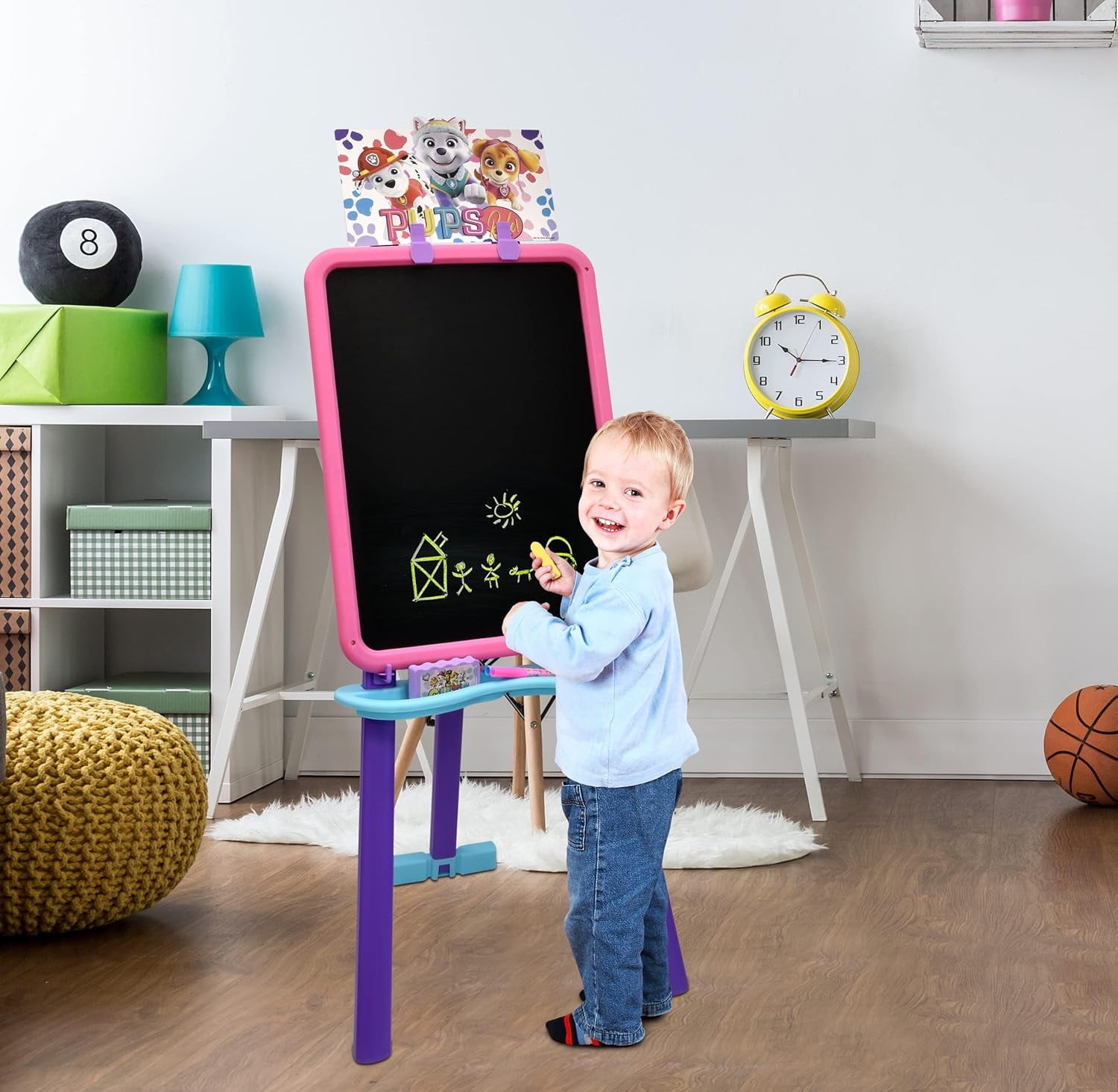 Paw Patrol Standing Art Easel for Kids with Magnetic Whiteboard, Chalkboard, Accessories and Bookmark, Pink/Purple