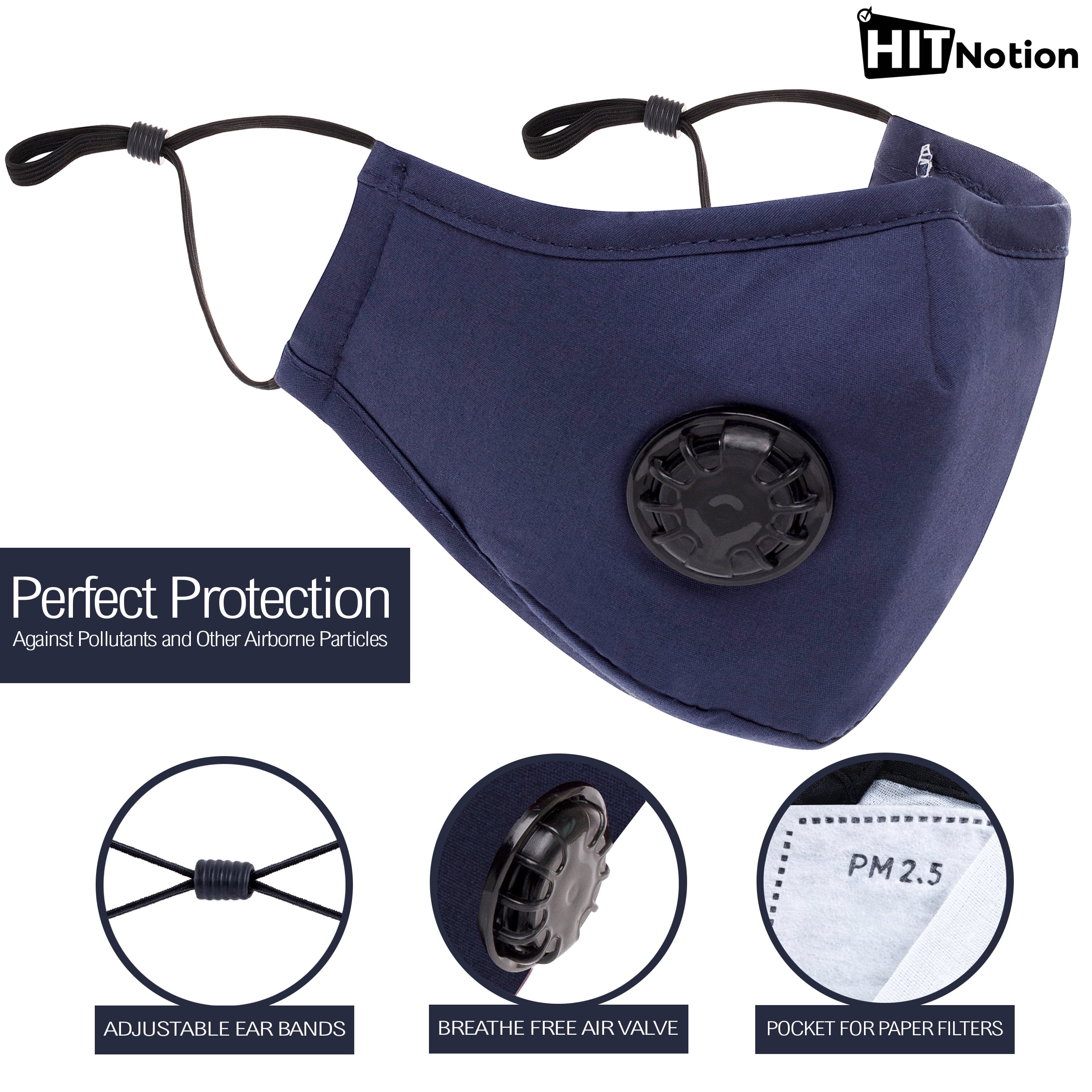PM 2.5 Mask, Blue - Reusable, Washable Cotton Face Mask - 4 Pieces with 8 Filters - Adjustable Ear Bands and Nose Bridge - Removable Air Valve Protects Against Pollutants and Other Airborne Particles