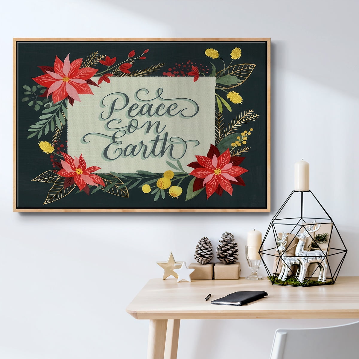 Bright Christmas Night II - Framed Gallery Wrapped Holiday Canvas - 25 x 37 - Natural Wood Frame