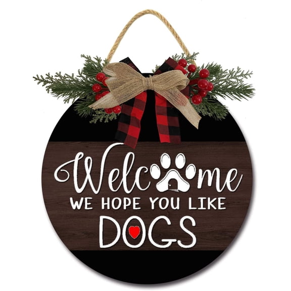 Eveokoki 12" Welcome We Hope You Like Dogs Fall Winter Wreaths For Front Door St Patricks Easter Decor Farmhouse Door Sign for Front Door Decor - Welcome Wreath Hanging Sign for Dogs Lovers