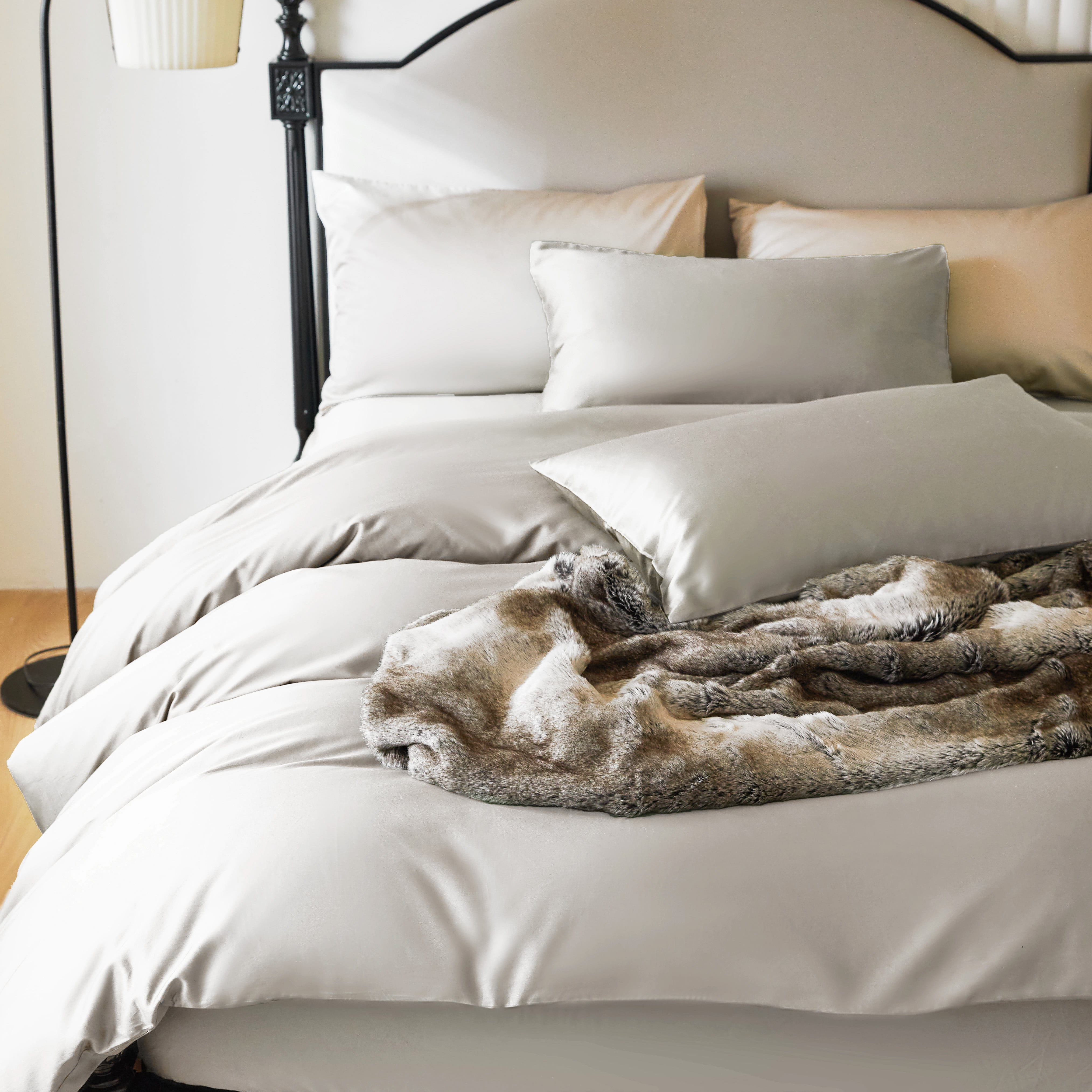 PURE ERA Long Staple Cotton Duvet Cover 3pc Set 800 Thread Count Sateen Silky Soft Luster(Ivory Gray Queen Size)