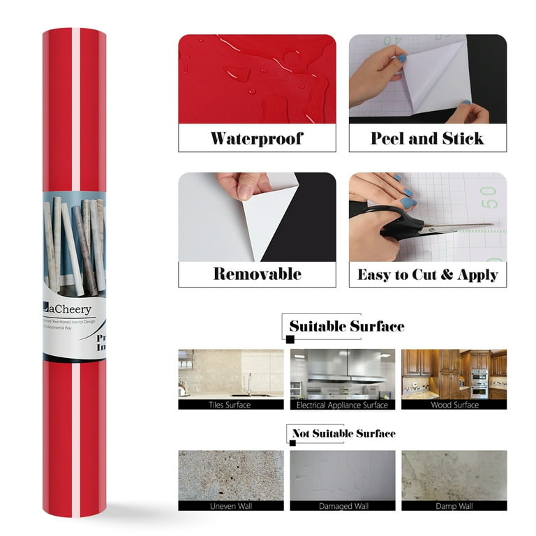 VEELIKE 15.7x118 Shiny Red Contact Paper for Cabinets Countertops Kitchen Appliances Red Wallpaper Peel and Stick Self Adhesive Removable