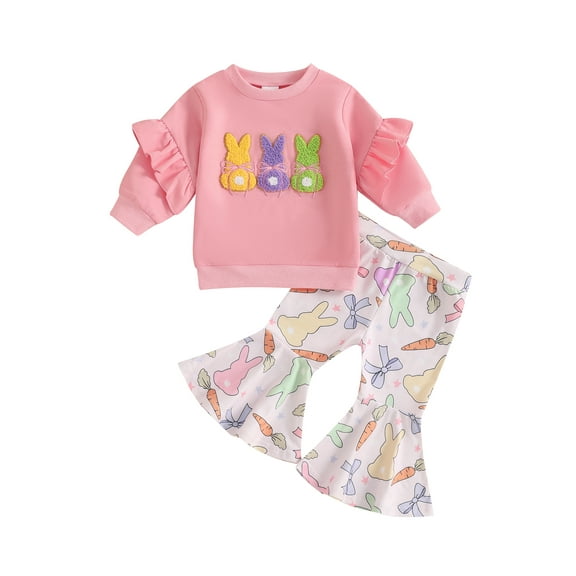 aturustex Little Girls Easter Pants Outfits 6M 12M 18M 2T 3T 4T Toddler Baby Long Sleeve Sweatshirt Crew Neck Pullovers Bunny Embroidery Tops   Elasti Casual 2Pcs Clothes Set for Spring Fall
