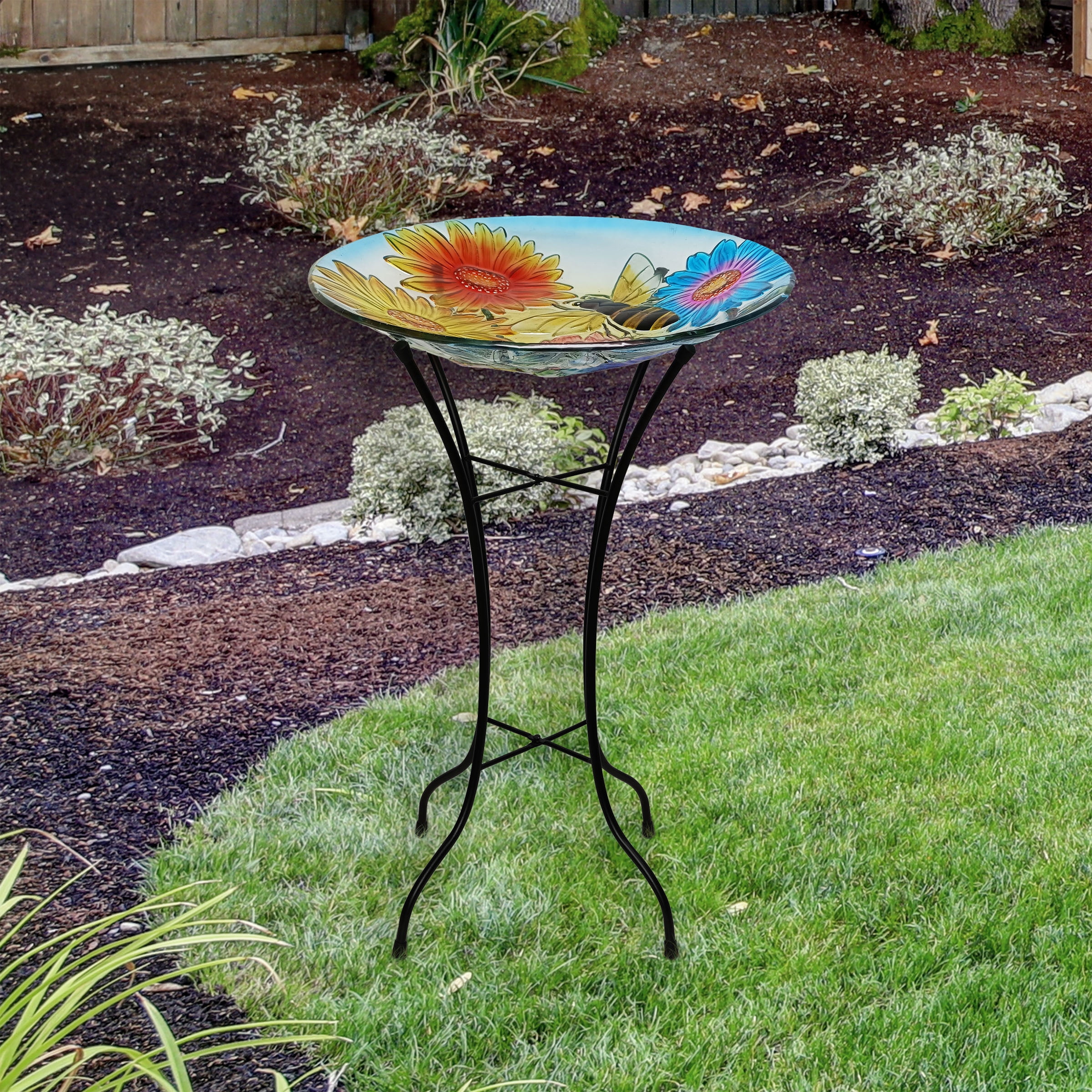 Alpine Corporation 18" Glass Birdbath w/ Flowers & Bee w/ Metal Stand