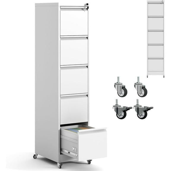 5 Drawer File Cabinet with Wheels,Metal Mobile Filing Cabinets with Lock,Vertical File Cabinet for Home Office,Heavy Duty Storage Cabinet for A4/Letter/Legal Size File,Assembly Required