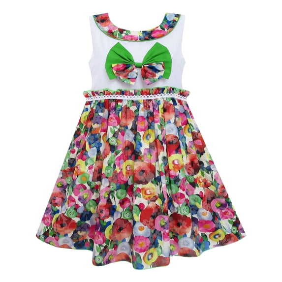 Girls Dress Bow Tie Blooming Flower Detailing Collar Green 4