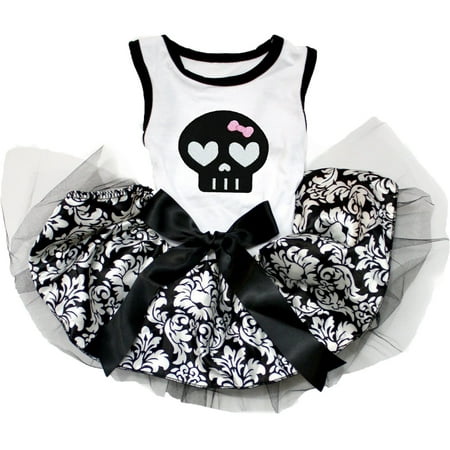 Petitebelle Black Skull Face Puppy Dog Dress (White/Damask Large)