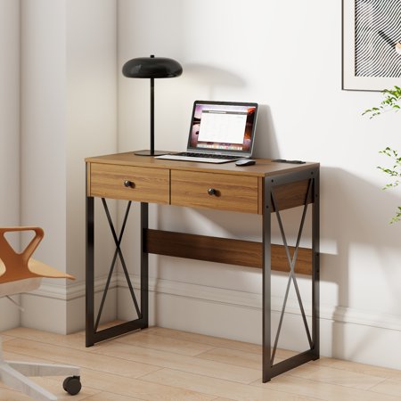 Manora Modern Farmhouse Metal X Storage Writing Desk with 2 Drawers Computer Desk for Home Office Walnut