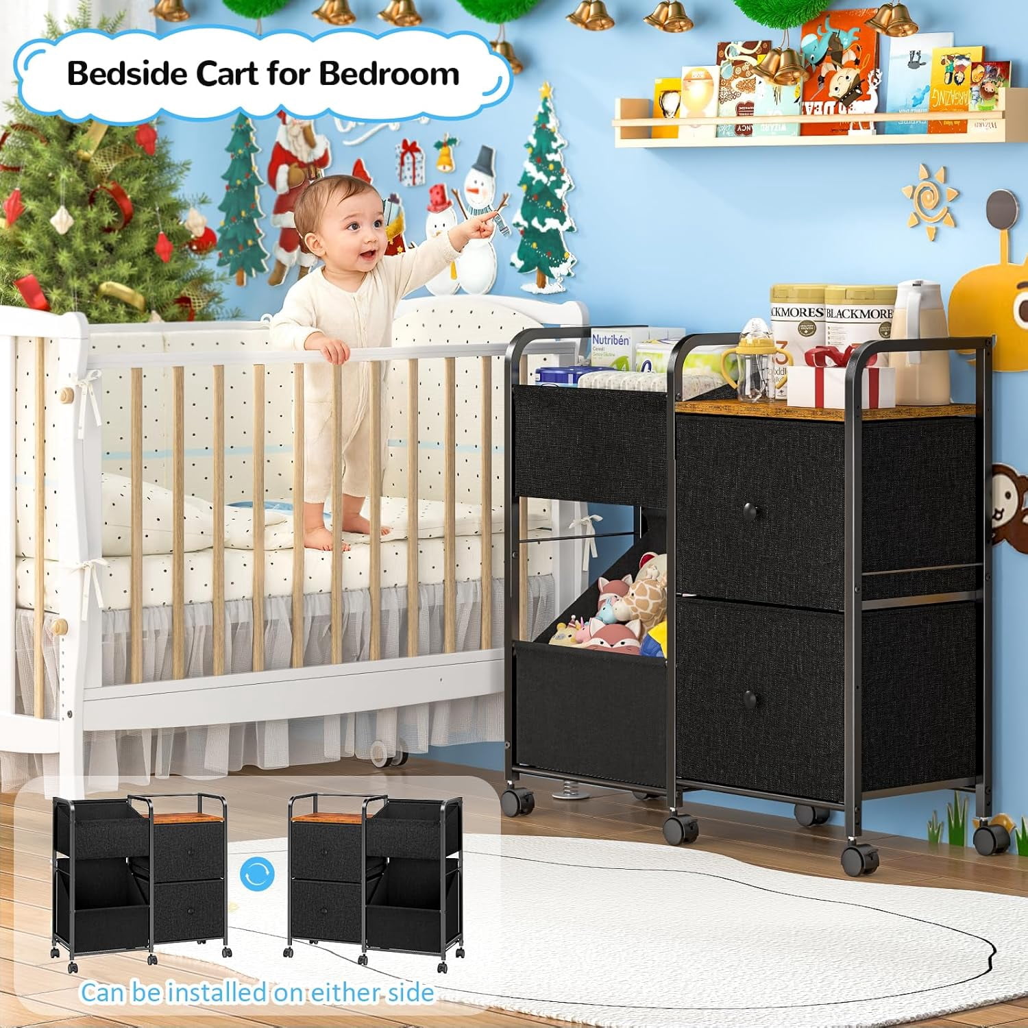 Diaper Caddy Organizer Cart with Drawers and Wheels, 5-Tier Bedside Utility Storage Shelf for Nursery