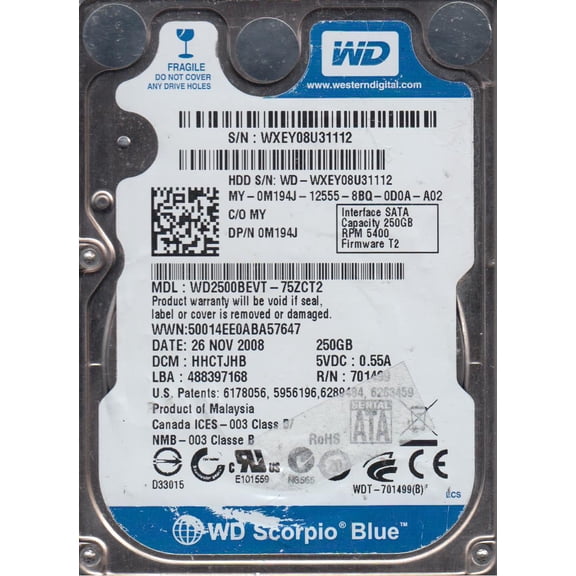 WD2500BEVT-75ZCT2, DCM HHCTJHB, Western Digital 250GB SATA 2.5 Hard Drive