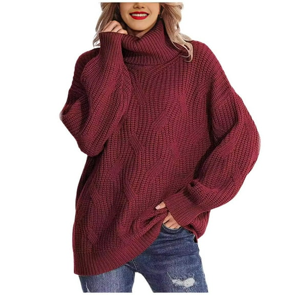 RMGVDSD Womens Oversized Turtleneck Sweater Cozy Loose Cable Knit Long Sleeve Pullover Sweater Tops With Pattern Solid Color Casual Classic Soft Sweater /Red