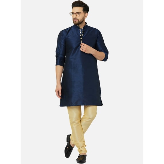 eloria Men's Indian Traditional Solid Silk Blend Navy Blue Kurta With Churidar Pyjama