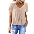 thumbnail image 3 of Naotn Ruched V-Neck Tops for Women Summer Casual Solid Color Short Sleeve Blouses Trendy Holiday Beach Shirts, 3 of 5