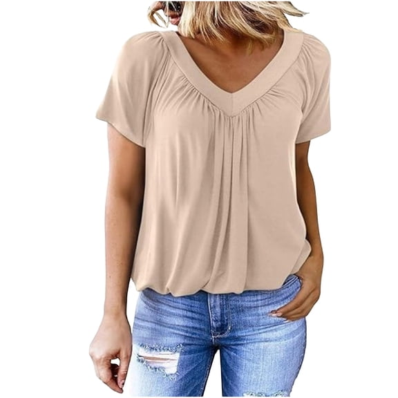 Fnooota Women's V Neck T-shirts, Pleated Front Short Sleeve Fitted Hem Casual Summer Tops Beige Size S-3XL