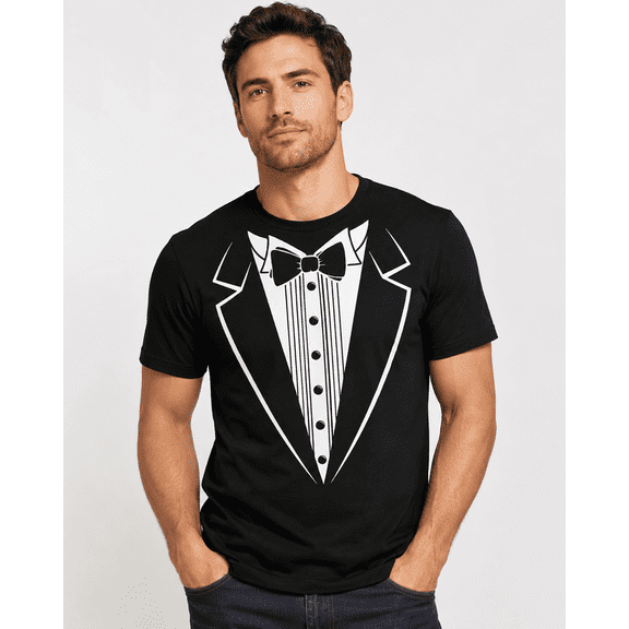 Men’s Tuxedo Graphic T-Shirt, Black Bow Tie Suit Print Novelty Tee, Funny Party & Costume Shirt