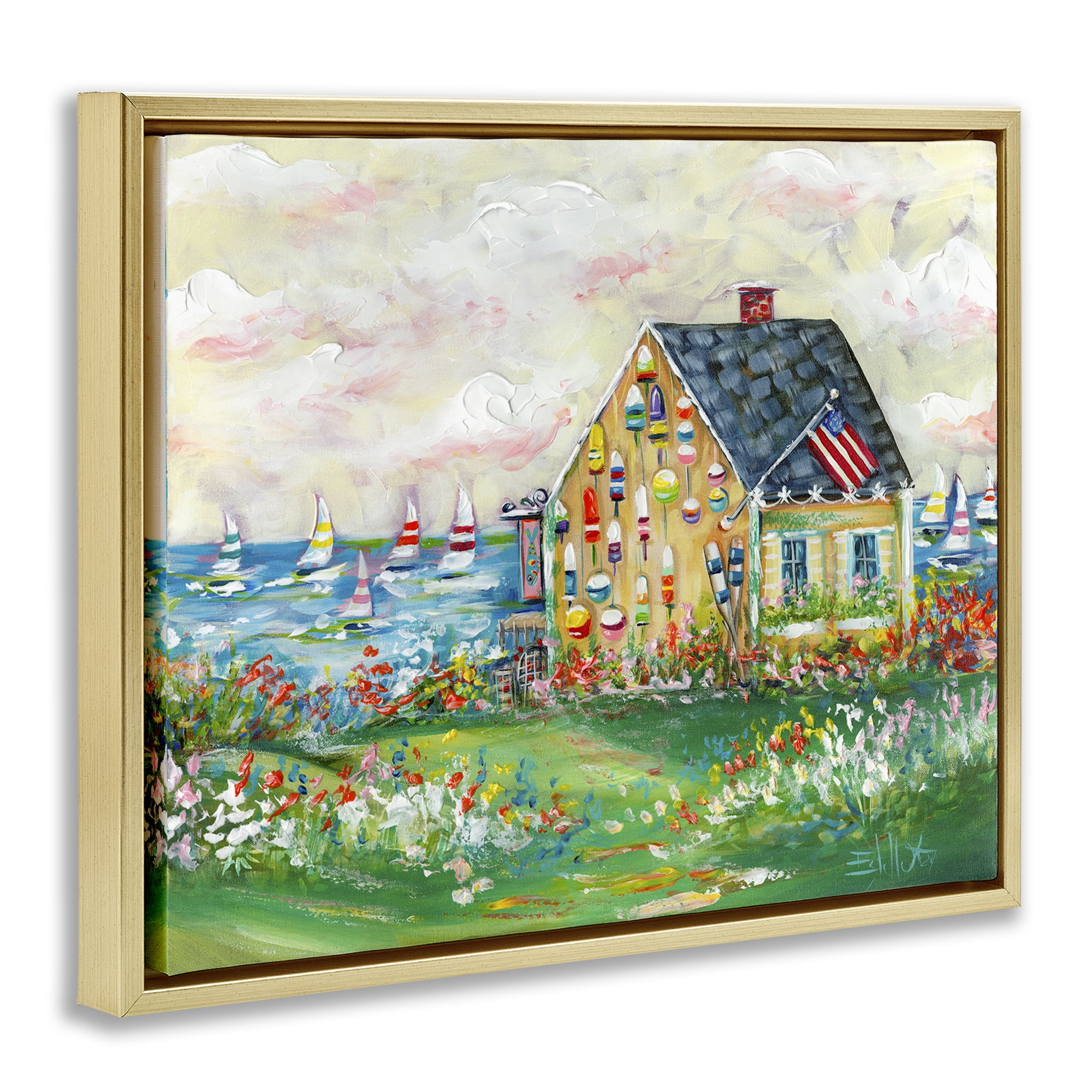 Stupell Industries Buoy Covered Boat House Landscape & Nature Painting Gold Floater Framed Canvas Art Print Wall Art, 31 x 25