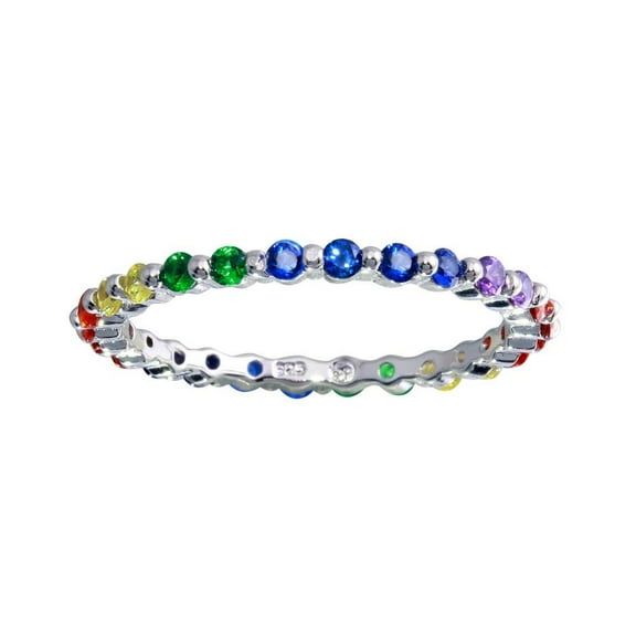 Rhodium Plated 925 Sterling Silver Rainbow Stacking Eternity Ring Multi-color CZ Female Size 6