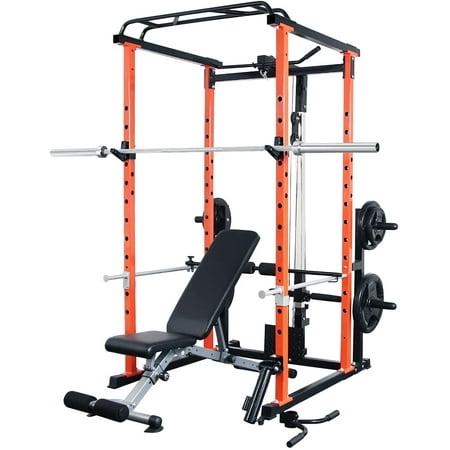 RitFit 1000 Lb. Capacity Power Cage Rack with Lat Pull down, Adjustable Weight Bench, 7 Ft. Olympic Barbell, 140 Lb. Weight Plates and Free Barbell Clamps